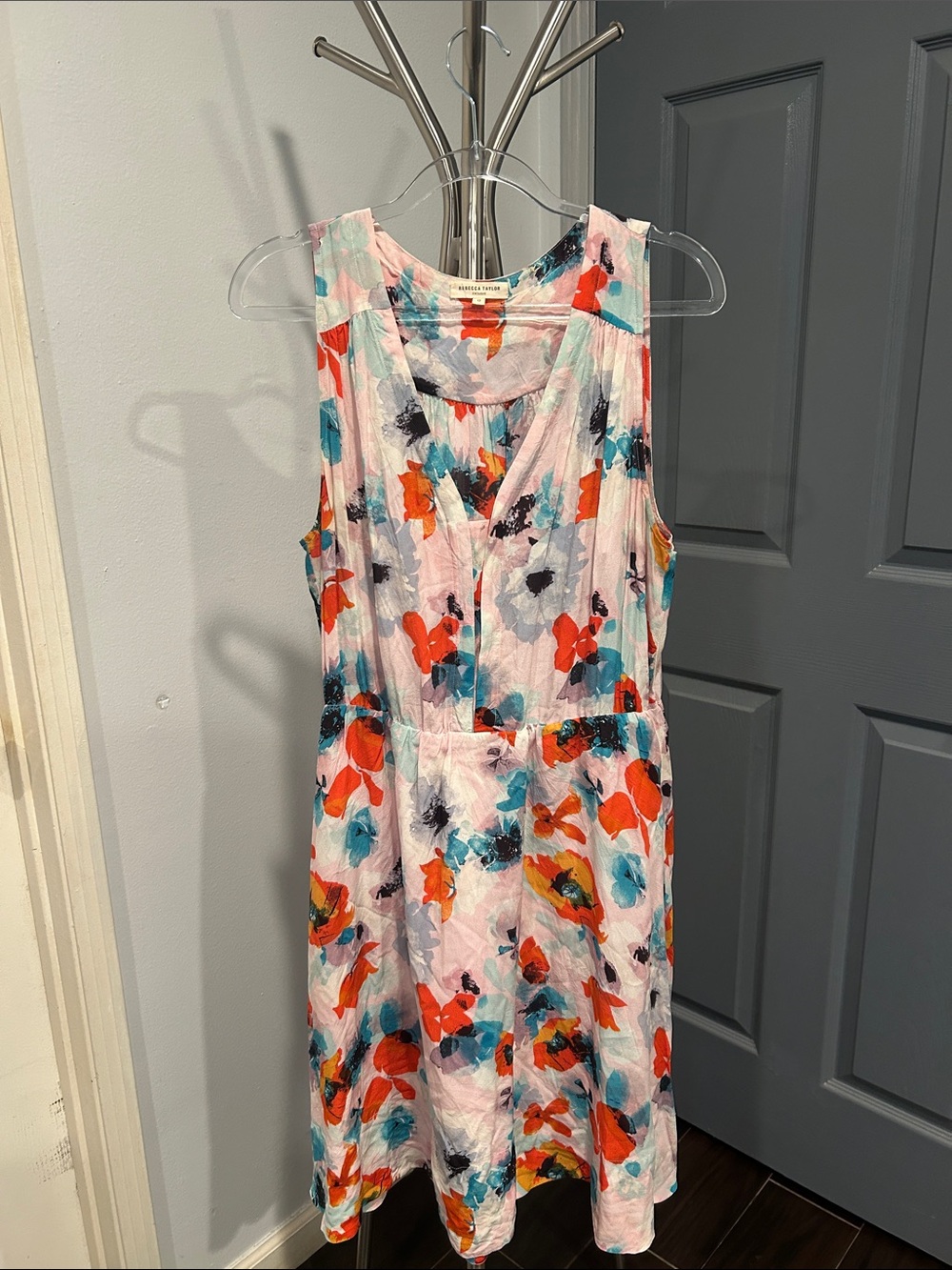 Rebecca Taylor Pink Floral Scoop-Neck Dress with Teal & Orange Blooms